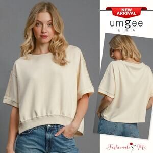 Umgee Lightweight Crew Neck Exposed Seam Ribbed Cropped Sweatshirt | Ecru
